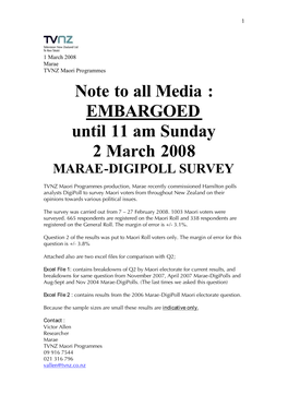 EMBARGOED Until 11 Am Sunday 2 March 2008 MARAE-DIGIPOLL SURVEY