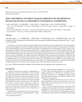 The Variability of Fruit Characteristics of Traditional Pear Karamanka in Different Ecological Conditions A