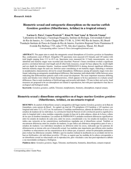 Biometric Sexual and Ontogenetic Dimorphism on the Marine Catfish Genidens Genidens (Siluriformes, Ariidae) in a Tropical Estuary