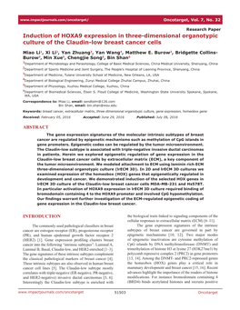 Induction of HOXA9 Expression in Three-Dimensional Organotypic Culture of the Claudin-Low Breast Cancer Cells