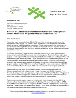 Need for the Ontario Government to Provide Increased Funding for the Ontario After School Program to Offset the Costs of Bill 148