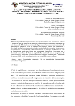O Vale Do Jequitinhonha Em Seus Múltiplos Aspectos: História, Campesinato, Artesanato E Seca Nas Comunidades De Coqueiro Campo E Pinheiro/Minas Novas – Mg