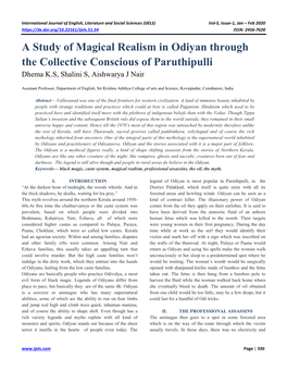 A Study of Magical Realism in Odiyan Through the Collective Conscious of Paruthipulli Dhema K.S, Shalini S, Aishwarya J Nair