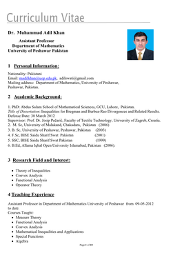 Dr. Muhammad Adil Khan 1 Personal Information