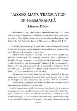 JACQUES MAY's TRANSLATION of PRASANNAPADA Johannes Rahder