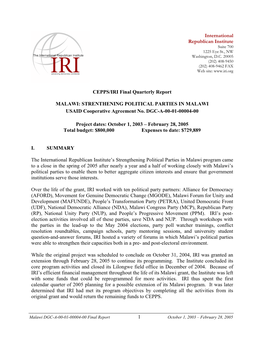1 CEPPS/IRI Final Quarterly Report MALAWI: STRENTHENING POLITICAL PARTIES in MALAWI USAID Cooperative Agreement No. DGC-A-00-01