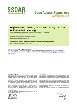 Regionale Bevölkerungsvorausrechnung Bis 2030 Für Baden-Württemberg Payk, Bernhard; Schmidt, Heike; Schwarck, Cornelia