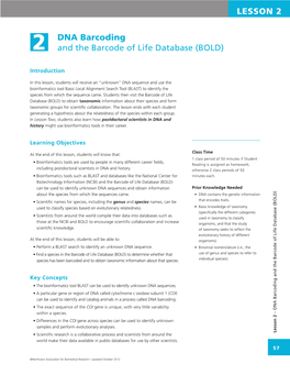 LESSON 2 DNA Barcoding and the Barcode of Life Database