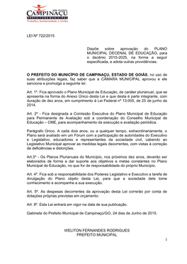 LEI Nº 722/2015 Dispõe Sobre Aprovação Do PLANO MUNICIPAL