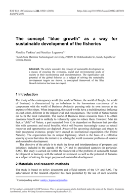 “Blue Growth” As a Way for Sustainable Development of the Fisheries