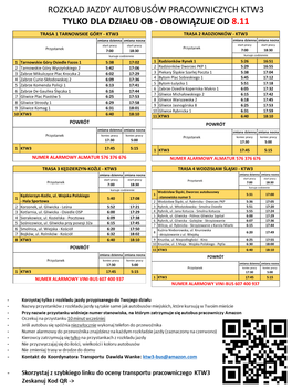 Rozkład Jazdy Autobusów Pracowniczych Ktw3 Tylko Dla Działu Ob - Obowiązuje Od 8.11