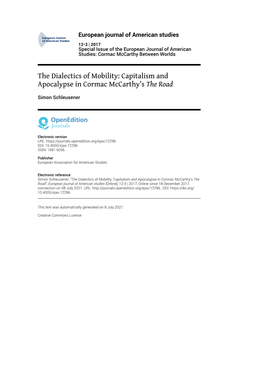 European Journal of American Studies, 12-3 | 2017 the Dialectics of Mobility: Capitalism and Apocalypse in Cormac Mccarthy’S Th