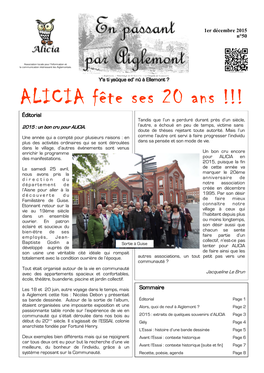 ALICIA Fête Ses 20 Ans !!! Éditorial Tandis Que L’Un a Perduré Durant Près D’Un Siècle, 2015 : Un Bon Cru Pour ALICIA