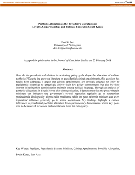 Portfolio Allocation As the President's Calculations: Loyalty, Copartisanship, and Political Context in South Korea