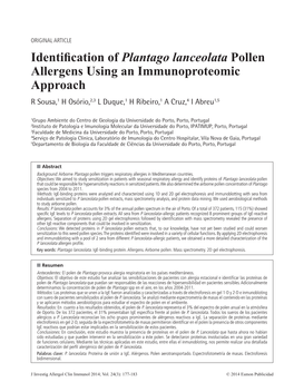 Identification of Plantago Lanceolata Pollen Allergens Using an Immunoproteomic Approach R Sousa,1 H Osório,2,3 L Duque,1 H Ribeiro,1 a Cruz,4 I Abreu1,5