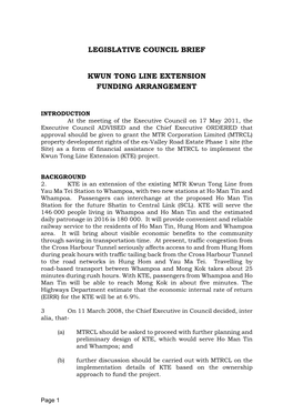 Legislative Council Brief on the Kwun Tong Line Extension Funding