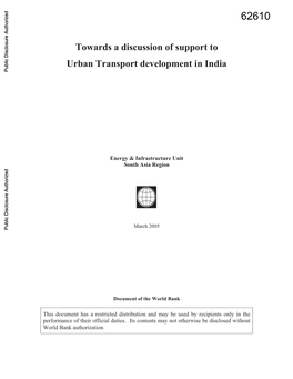 Towards a Discussion of Support to Urban Transport Development in India Public Disclosure Authorized
