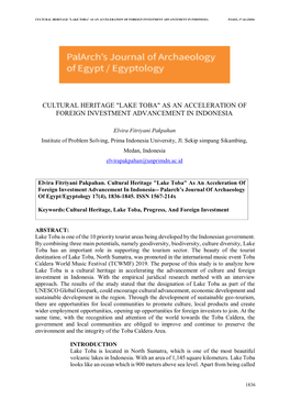 Lake Toba" As an Acceleration of Foreign Investment Advancement in Indonesia Pjaee, 17 (4) (2020)