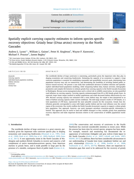 Spatially Explicit Carrying Capacity Estimates to Inform Species Speciﬁc T Recovery Objectives: Grizzly Bear (Ursus Arctos) Recovery in the North Cascades ⁎ Andrea L