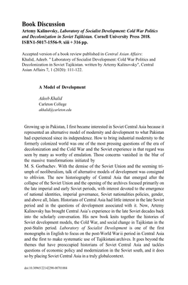 Cold War Politics and Decolonization in Soviet Tajikistan. Written by Artemy Kalinovsky", Central Asian Affairs 7, 1 (2020): 111-122