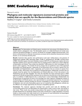 Phylogeny and Molecular Signatures (Conserved Proteins and Indels) That Are Specific for the Bacteroidetes and Chlorobi Species Radhey S Gupta* and Emily Lorenzini