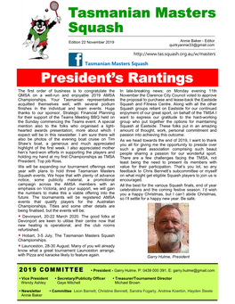 President's Rantings Tasmanian Masters Squash