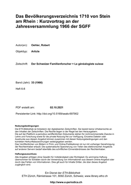 Kurzvortrag an Der Jahresversammlung 1966 Der SGFF