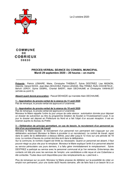 Conseil Municipal Du 29 Septembre 2020