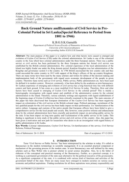 Back Ground Nature Anddynamics of Civil Service in Pre- Colonial Period in Sri Lanka(Special Reference to Period from 1801 to 1946)