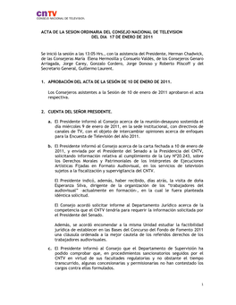 Acta De La Sesion Ordinaria Del Consejo Nacional De Television Del Dia 17 De Enero De 2011