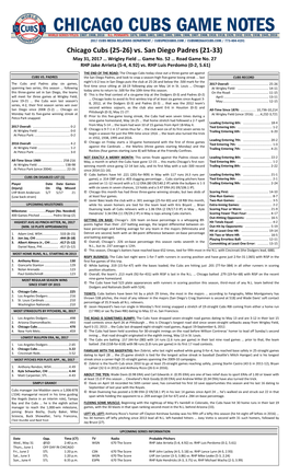 Chicago Cubs (25-26) Vs. San Diego Padres (21-33) May 31, 2017 … Wrigley Field … Game No