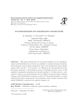 AN EXPLORATION on GOLDBACH's CONJECTURE E. Markakis1, C