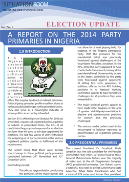 Election Update : a Report on the 2014 Party Primaries in Nigeria