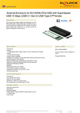 External Enclosure for M.2 Nvme Pcie SSD with Superspeed USB 10 Gbps (USB 3.1 Gen 2) USB Type-C™ Female