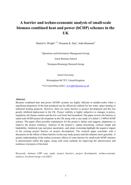 A Barrier and Techno-Economic Analysis of Small-Scale Biomass Combined Heat and Power (Bchp) Schemes in the UK