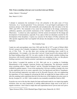 Title: from a Sounding Rocket Per Year to an Observatory Per Lifetime Author: Martin C. Weisskopf Date: March 15, 2013 Abstract