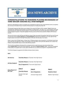 Congratulations to Mariners Players Recognized at 43Rd Soccer Coaches All Star Banquet