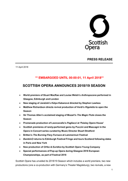 Scottish Opera Announces 2018/19 Season