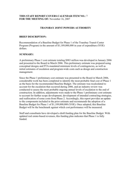 Baseline Budget for Phase 1 of the Transbay Transit Center Program (Program) in the Amount of $1,189,000,000 in Year of Expenditure (YOE) Dollars