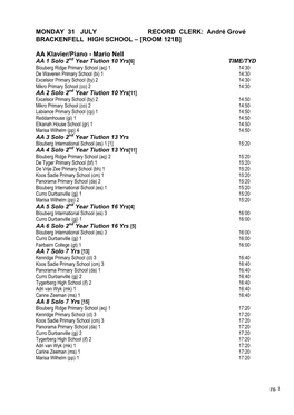 MONDAY 31 JULY RECORD CLERK: André Grové BRACKENFELL HIGH SCHOOL – [ROOM 121B]