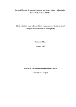 Prenatal Maternal Depression Symptoms and Dietary Intake – a Population Based Study in Rural Pakistan