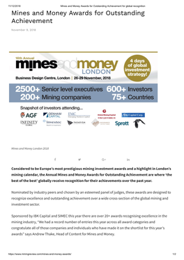 Mines and Money Awards for Outstanding Achievement for Global Recognition Mines and Money Awards for Outstanding Achievement