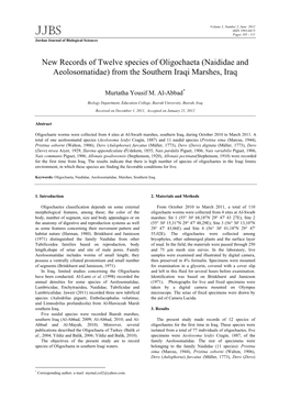 New Records of Twelve Species of Oligochaeta (Naididae and Aeolosomatidae) from the Southern Iraqi Marshes, Iraq