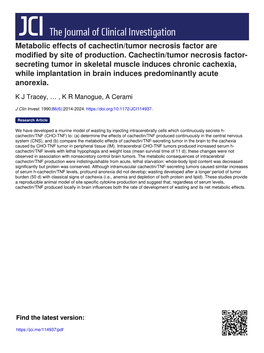 Secreting Tumor in Skeletal Muscle Induces Chronic Cachexia, While Implantation in Brain Induces Predominantly Acute Anorexia