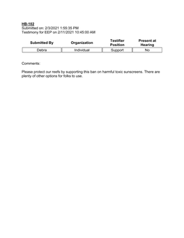 HB-102 Submitted On: 2/3/2021 1:55:35 PM Testimony for EEP on 2/11/2021 10:45:00 AM