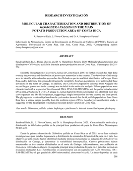 Research/Investigación Molecular Characterization and Distribution of Globodera Pallida in the Main Potato Production Area Of