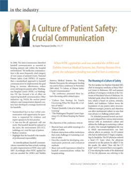 A Culture of Patient Safety: Crucial Communication by Gayle Thompson Smillie, CRA, RT