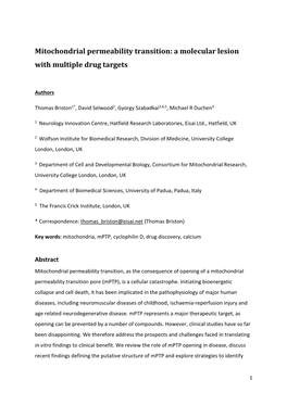 Mitochondrial Permeability Transition: a Molecular Lesion with Multiple Drug Targets