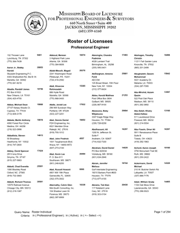 Roster of Licensees Professional Engineer