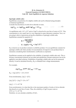 Unit III Ionic Equilibria in Aqueous Solution